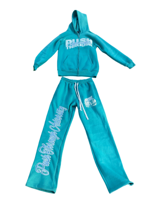 Aqua Blue Push Through Adversity Zip-up Hoodie Set